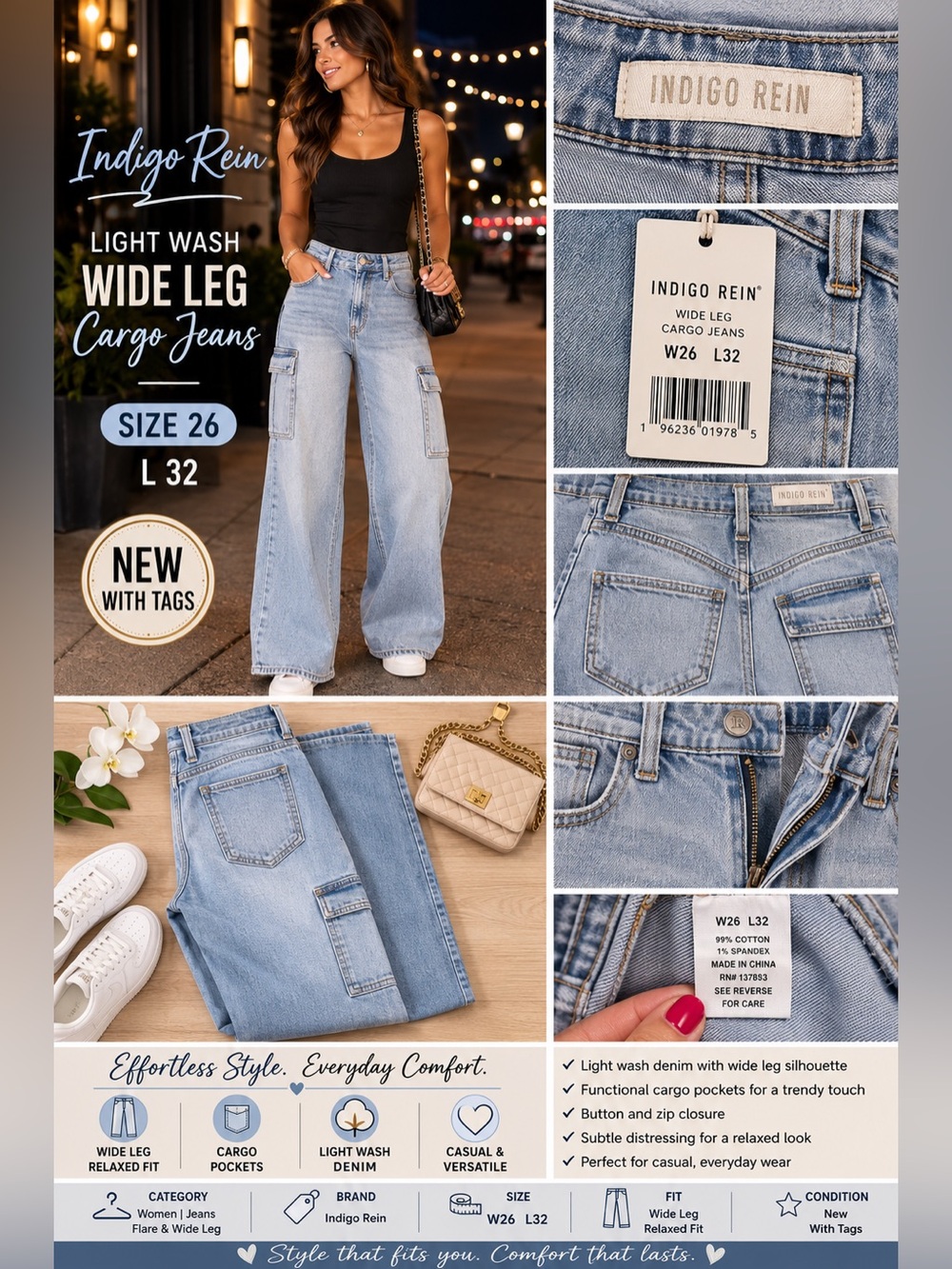 Indigo Rein Light Wash Wide Leg Cargo Jeans W26 L32‎ NEW